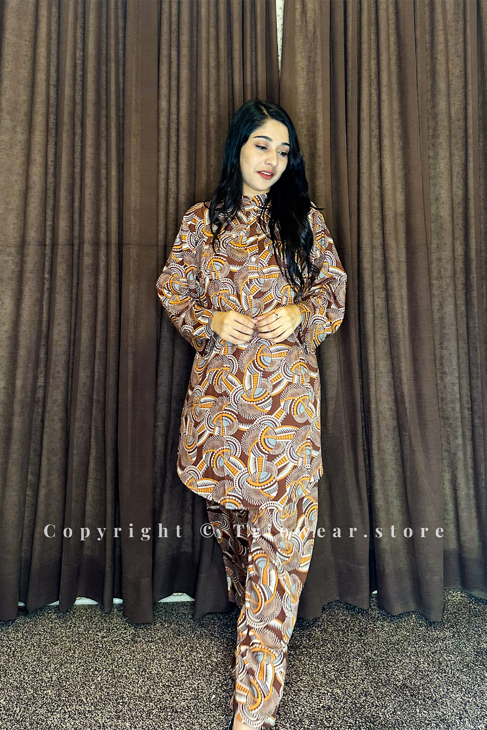 Brown Geometric Printed 2-Piece Suit