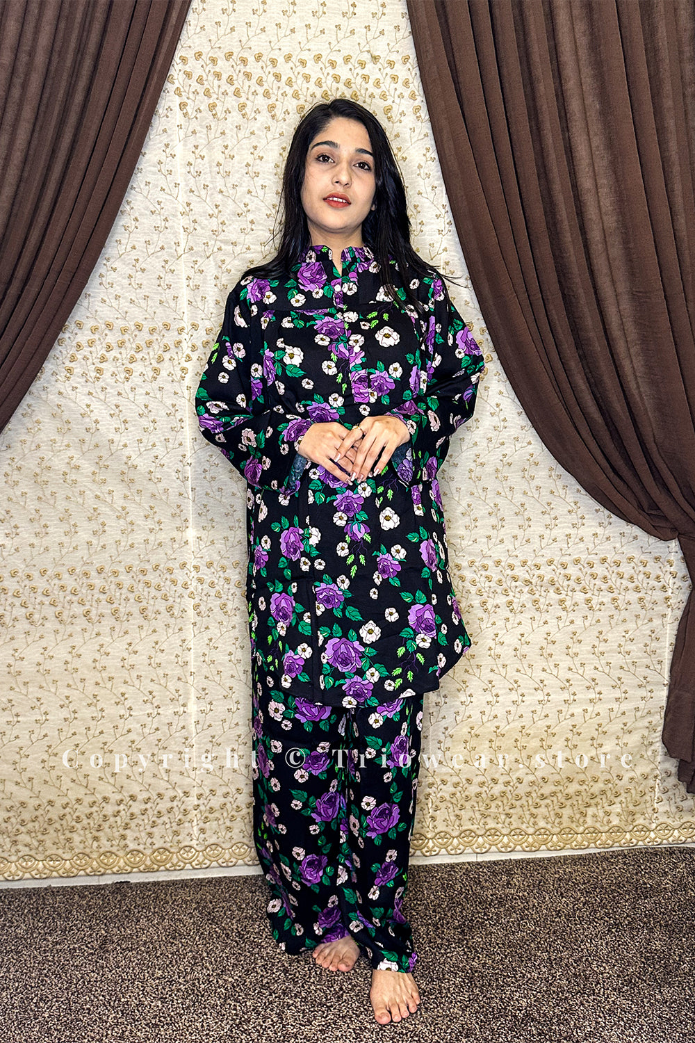 Black & Purple Floral Printed 2-Piece Suit