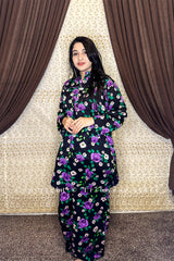 Black & Purple Floral Printed 2-Piece Suit