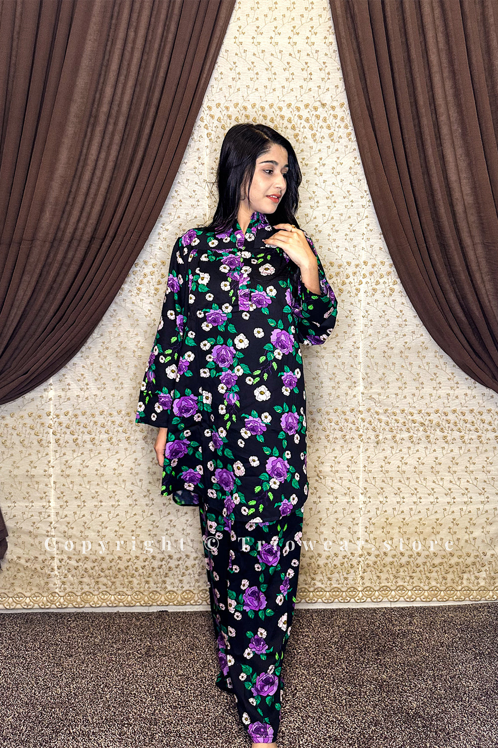 Black & Purple Floral Printed 2-Piece Suit
